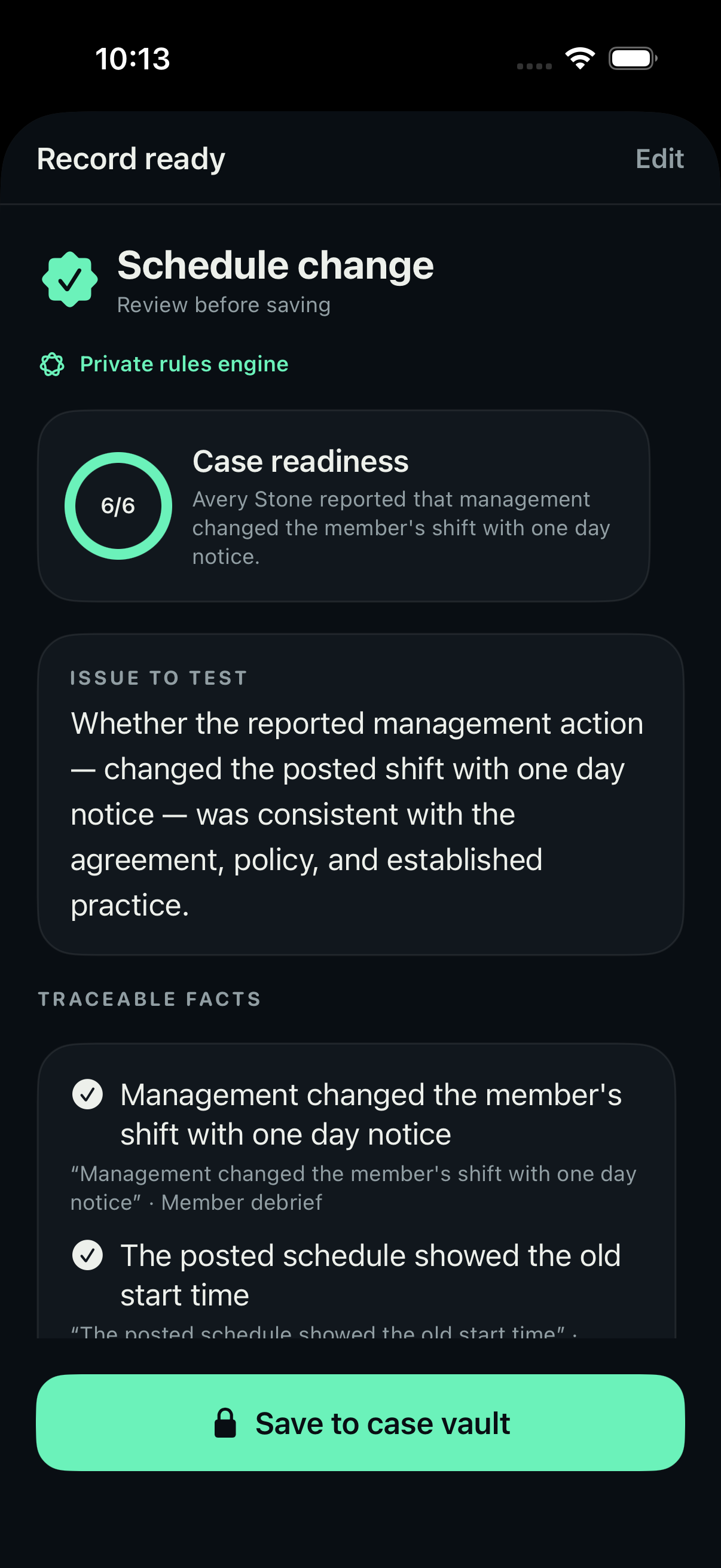 Fictional case analysis with traceable facts
