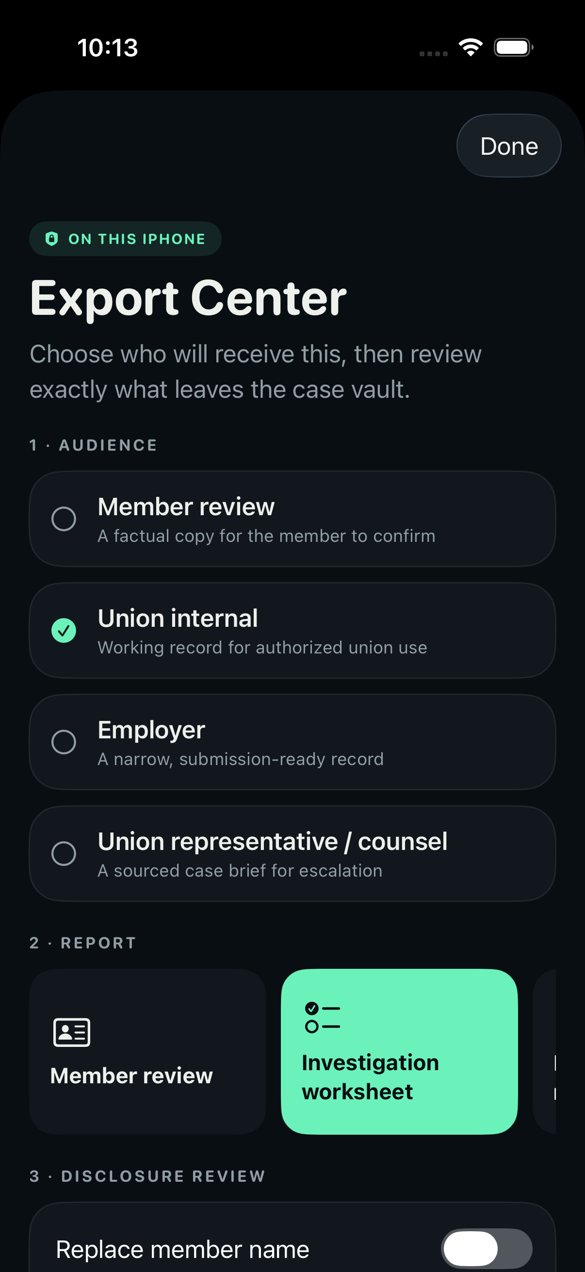 Export Center with audience-specific report choices